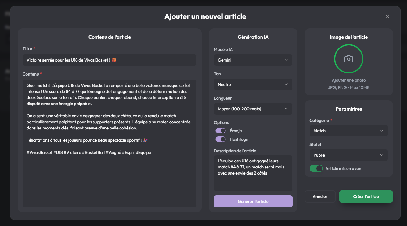 VivasBasket AI Article Creation